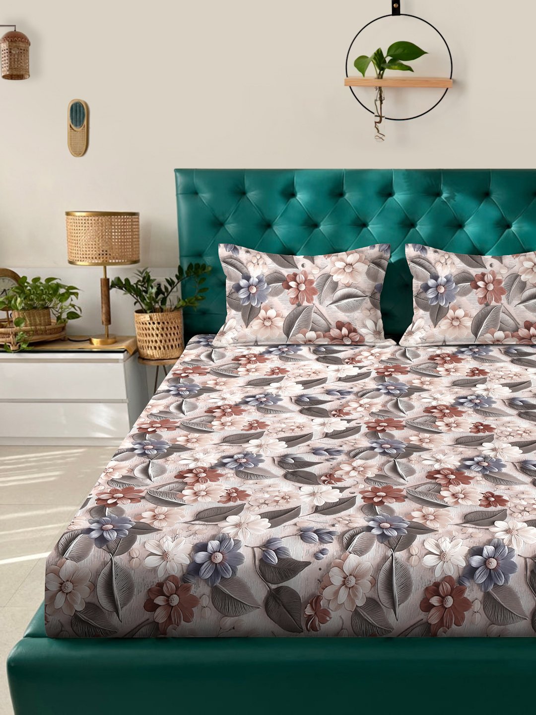 Multi Floral 7D King Size Cotton Blend Fitted Double Bedsheet with 2 Pillow Covers