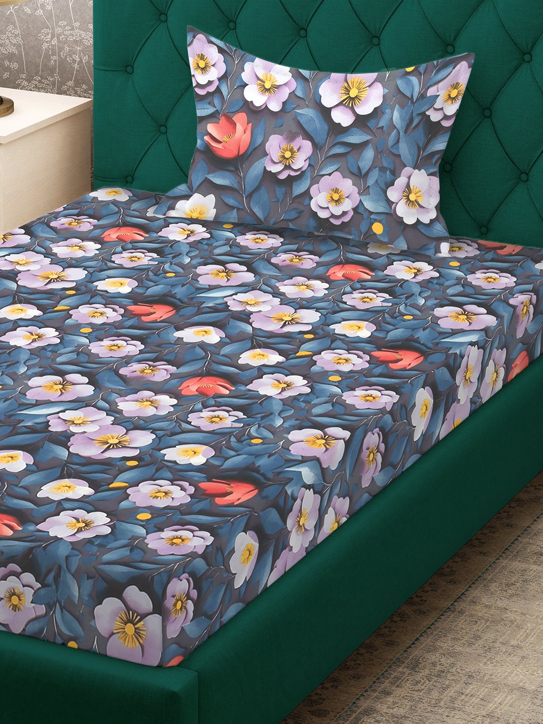 Blue Floral 7D Cotton Blend Single Bedsheet with Pillow Cover