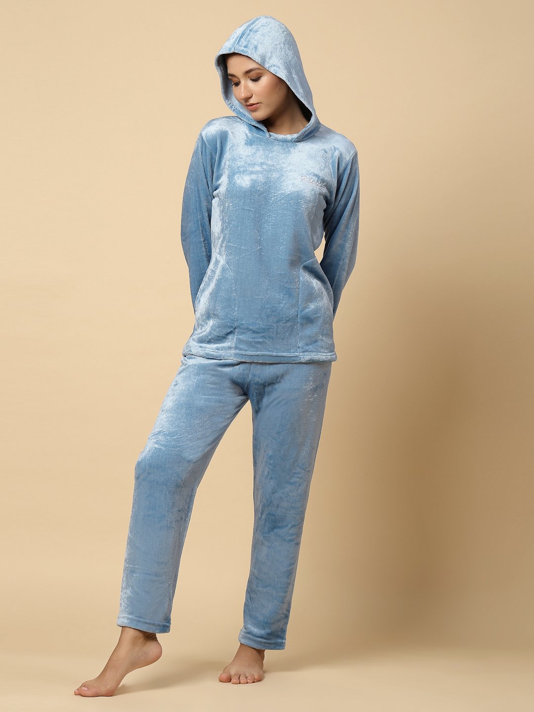 Klotthe Women Blue Wool Blend Solid Hooded Night Suit