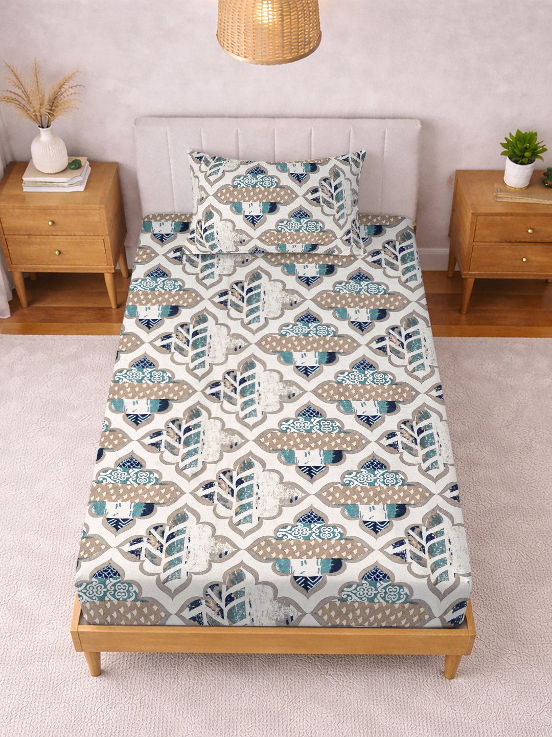 Cream Geometric Cotton Blend Single Bedsheet with Pillow Cover