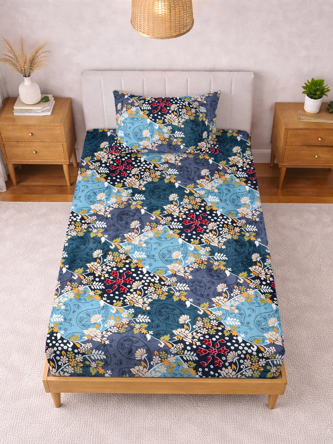 Blue Floral Cotton Blend Single Bedsheet with Pillow Cover