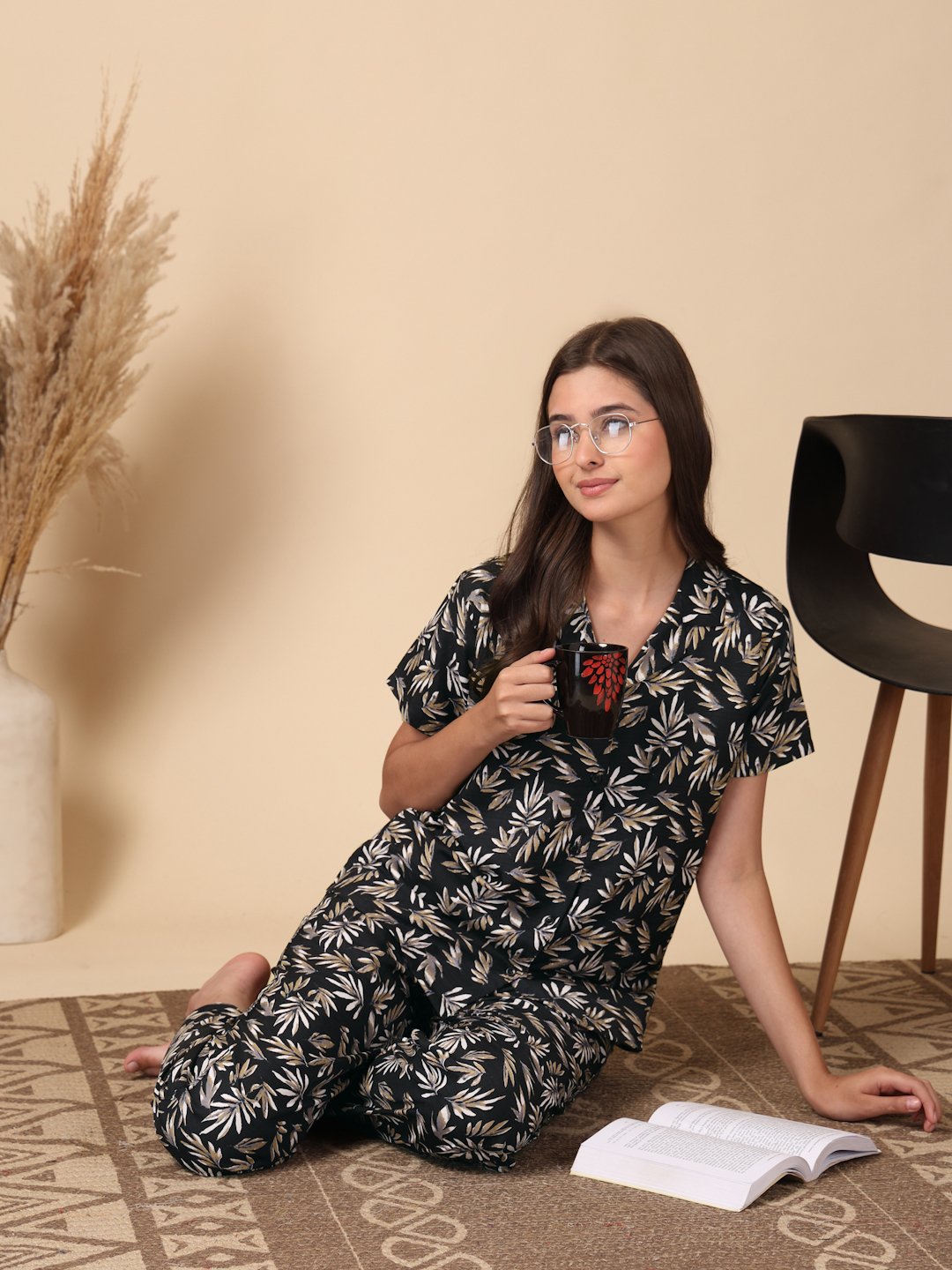 Black Floral Cotton Blend Women Night Suit