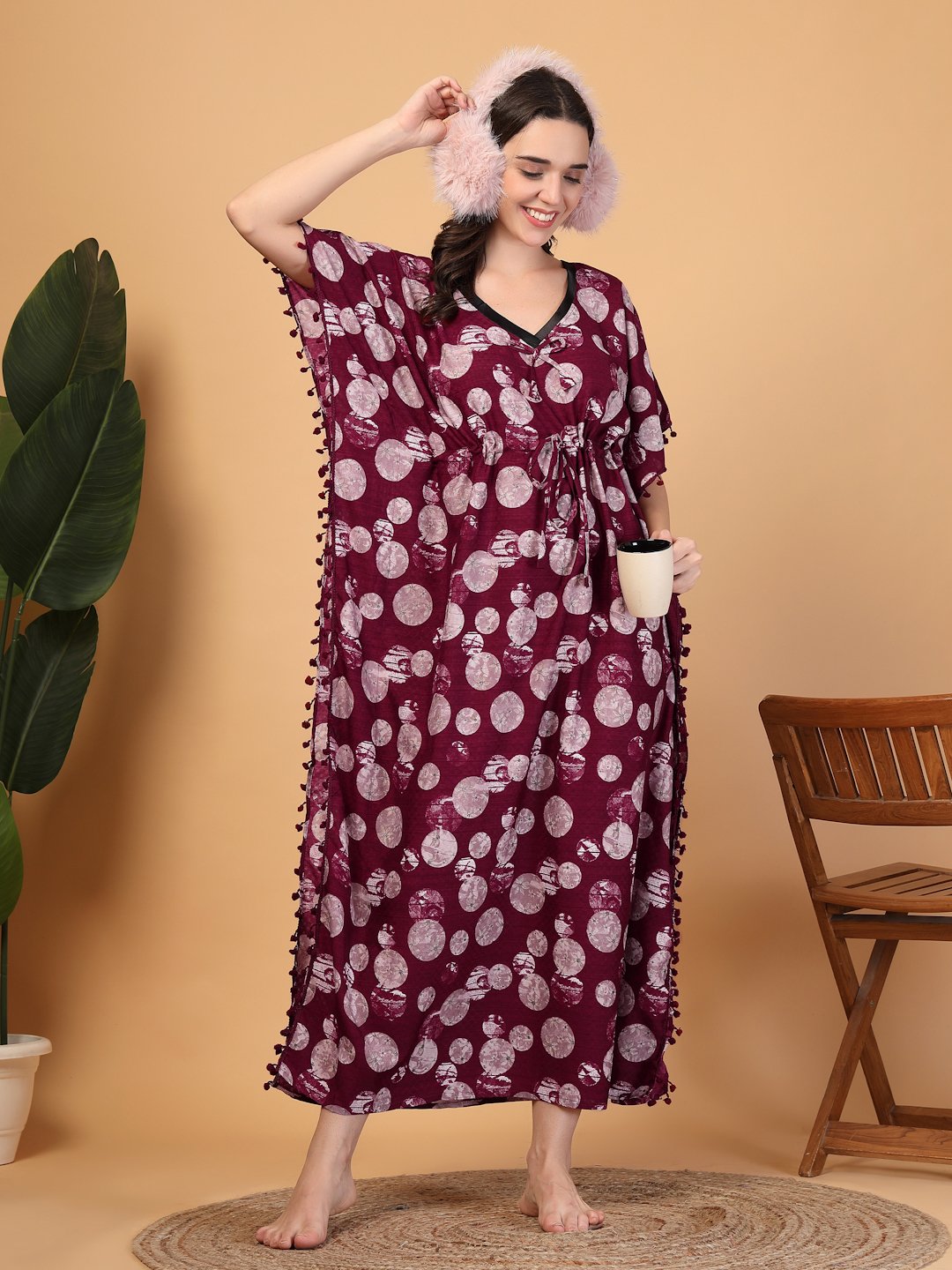 Red Floral Cotton Blend Kaftan Maxi Nightdress