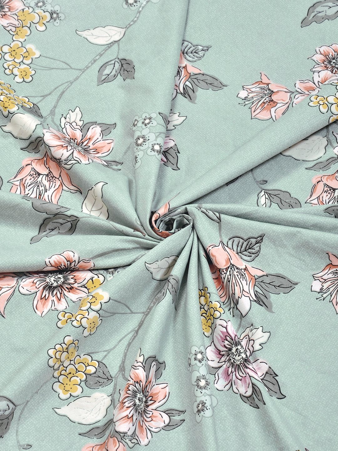 Green Floral 300 TC Cotton Blend Fitted Double Bedsheet with 2 Pillow Covers