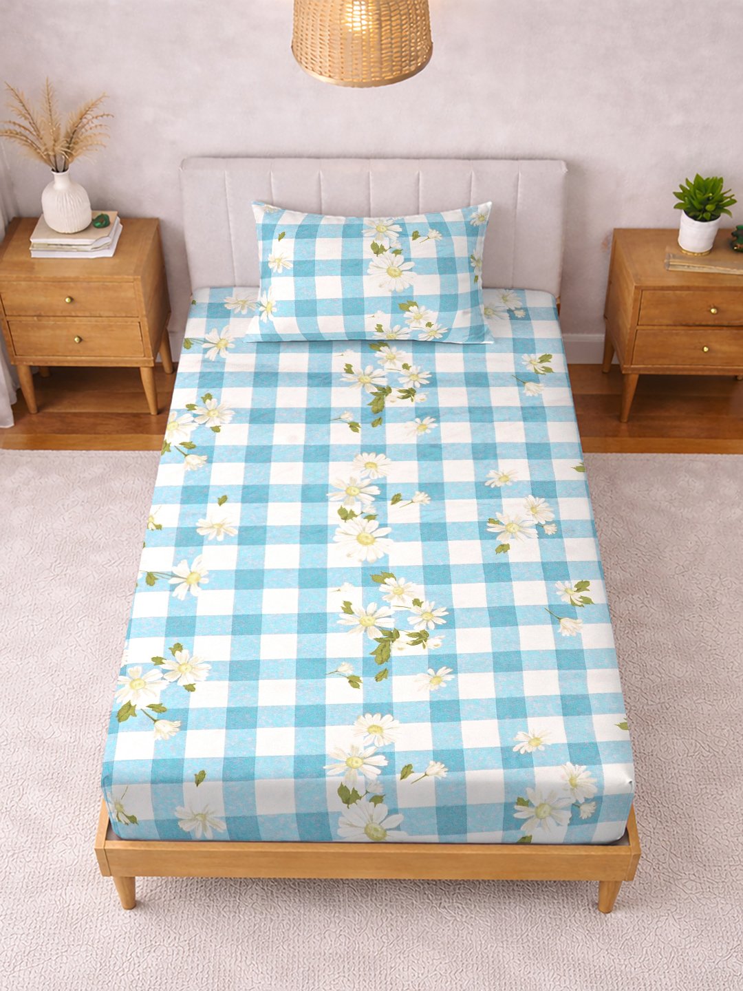 Blue Floral Cotton Blend Single Bedsheet with Pillow Cover