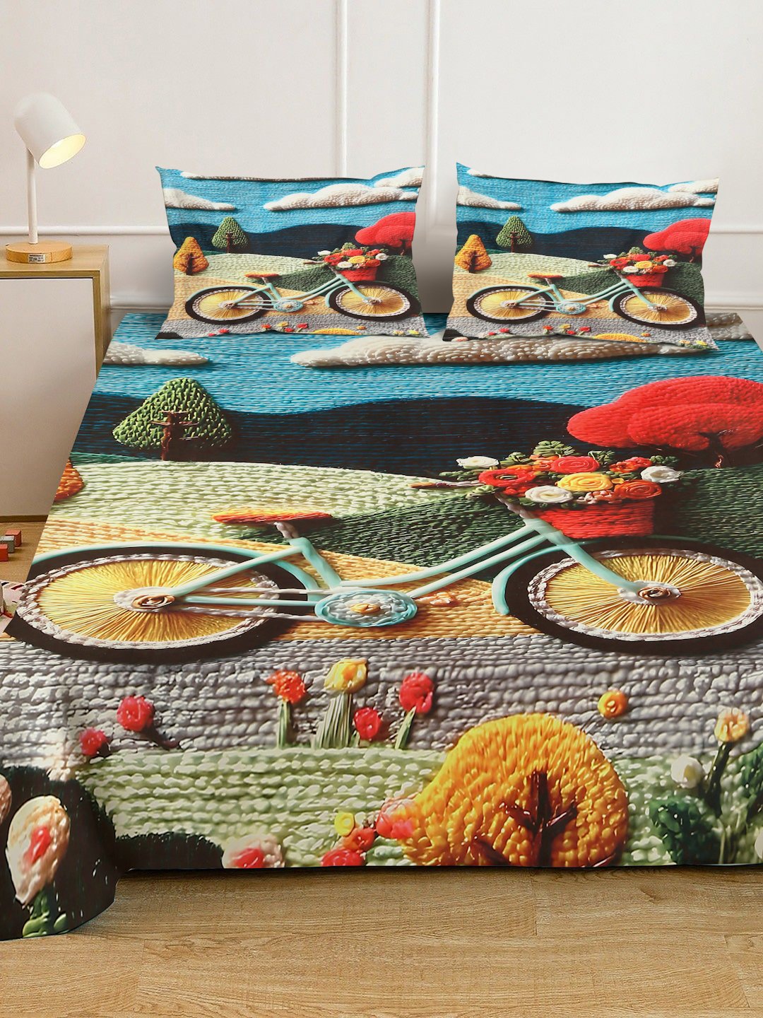 Multi Digital Abstract Printed Cotton Blend Double Bedsheet with 2 Pillow Covers