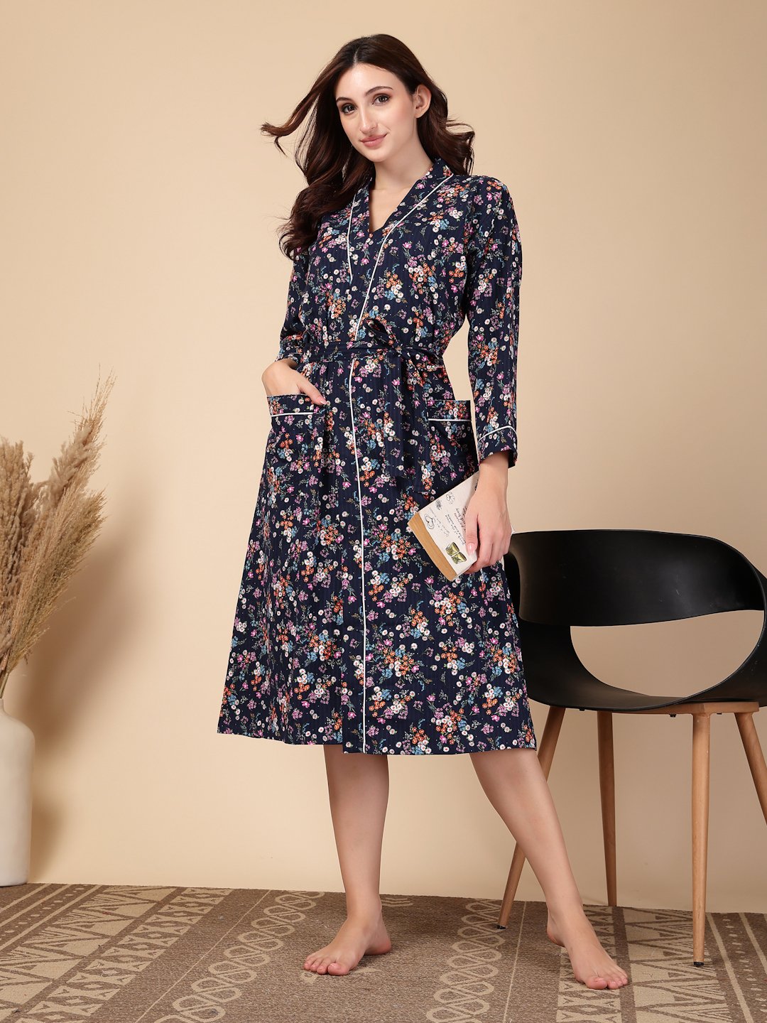 Women Printed Blue Floral Pure Cotton Bath Robe With Belt
