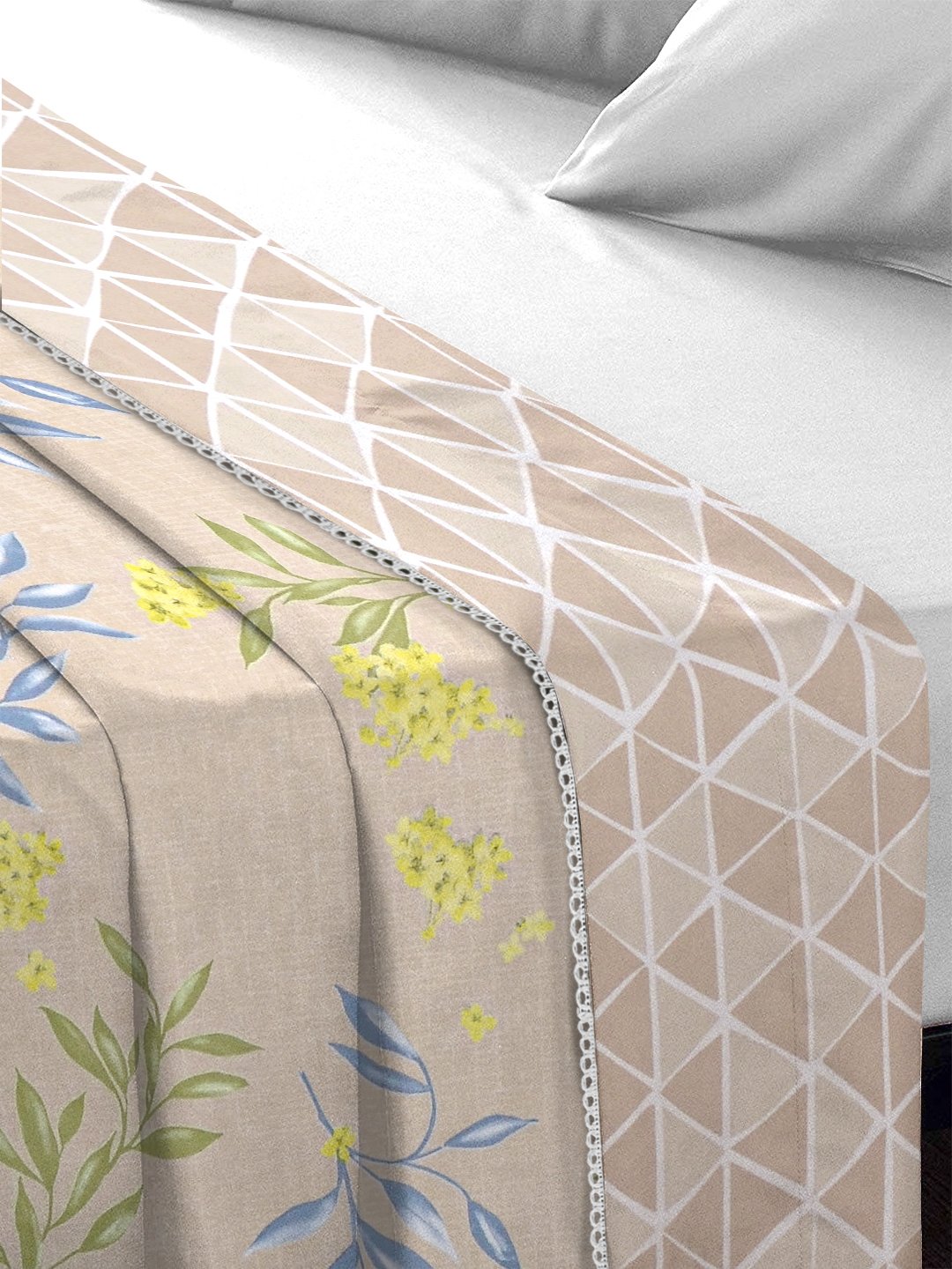 Beige Cotton Blend Floral Double Bed Dohar