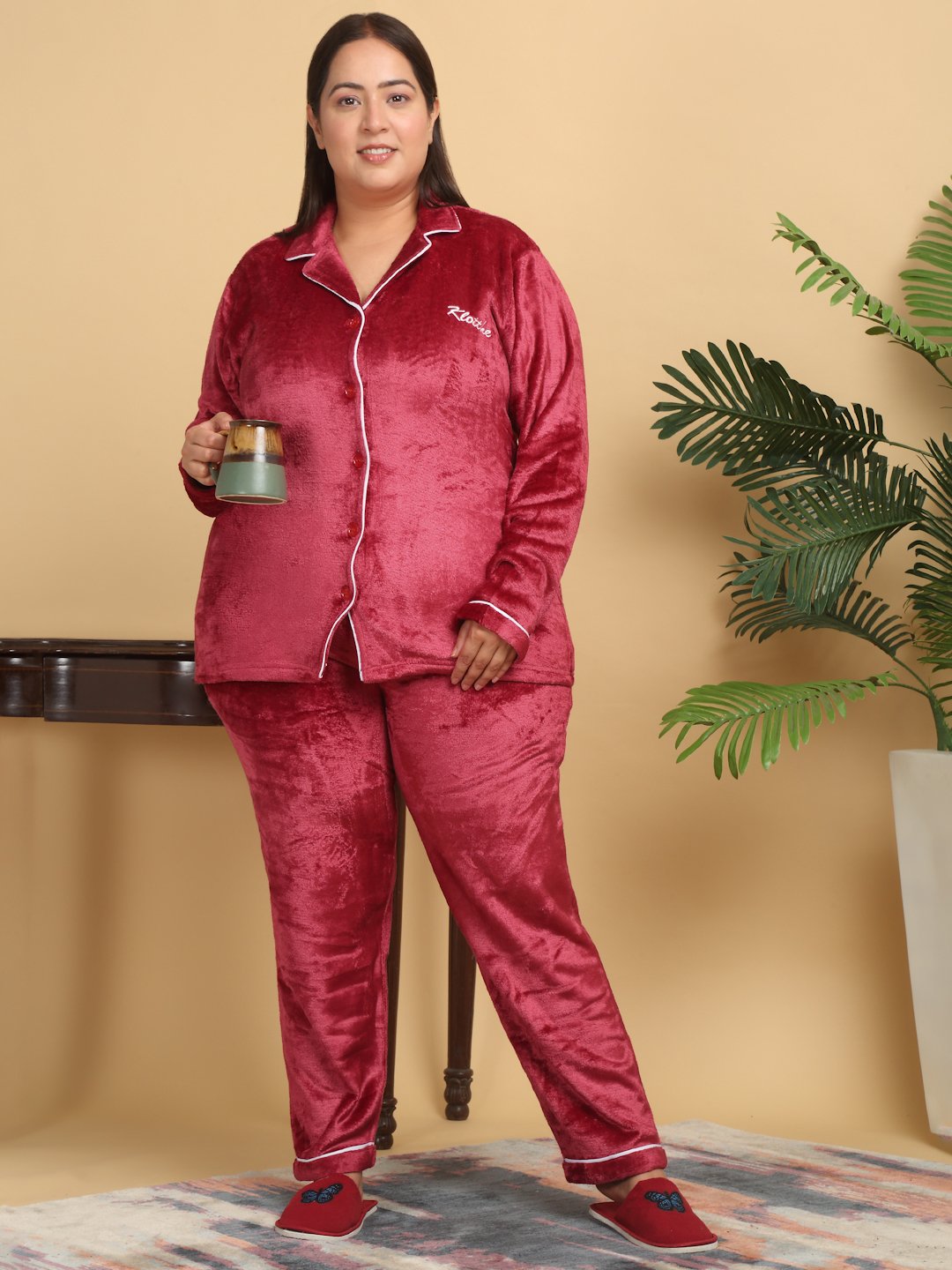 Women Red Solid Plus Size Woolen Night Suit