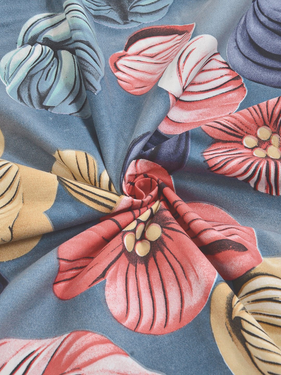 Blue Floral 7D King Size Cotton Blend Fitted Double Bedsheet with 2 Pillow Covers