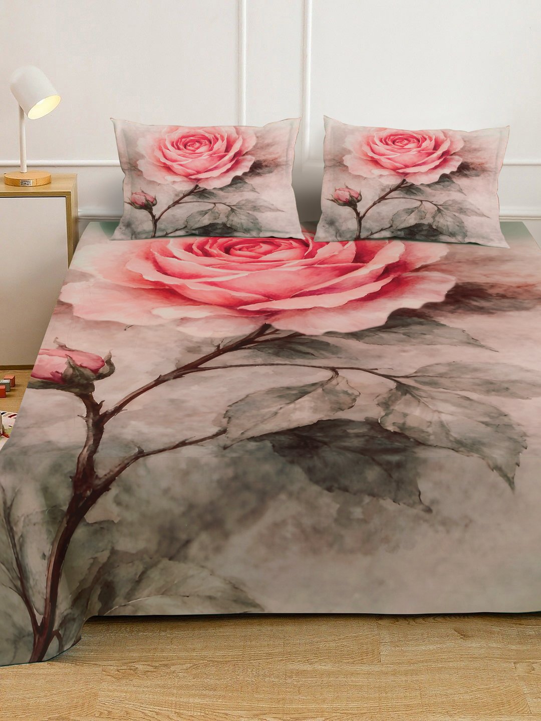 Pink Digital Floral Printed Cotton Blend Fitted Double Bedsheet with 2 Pillow Covers