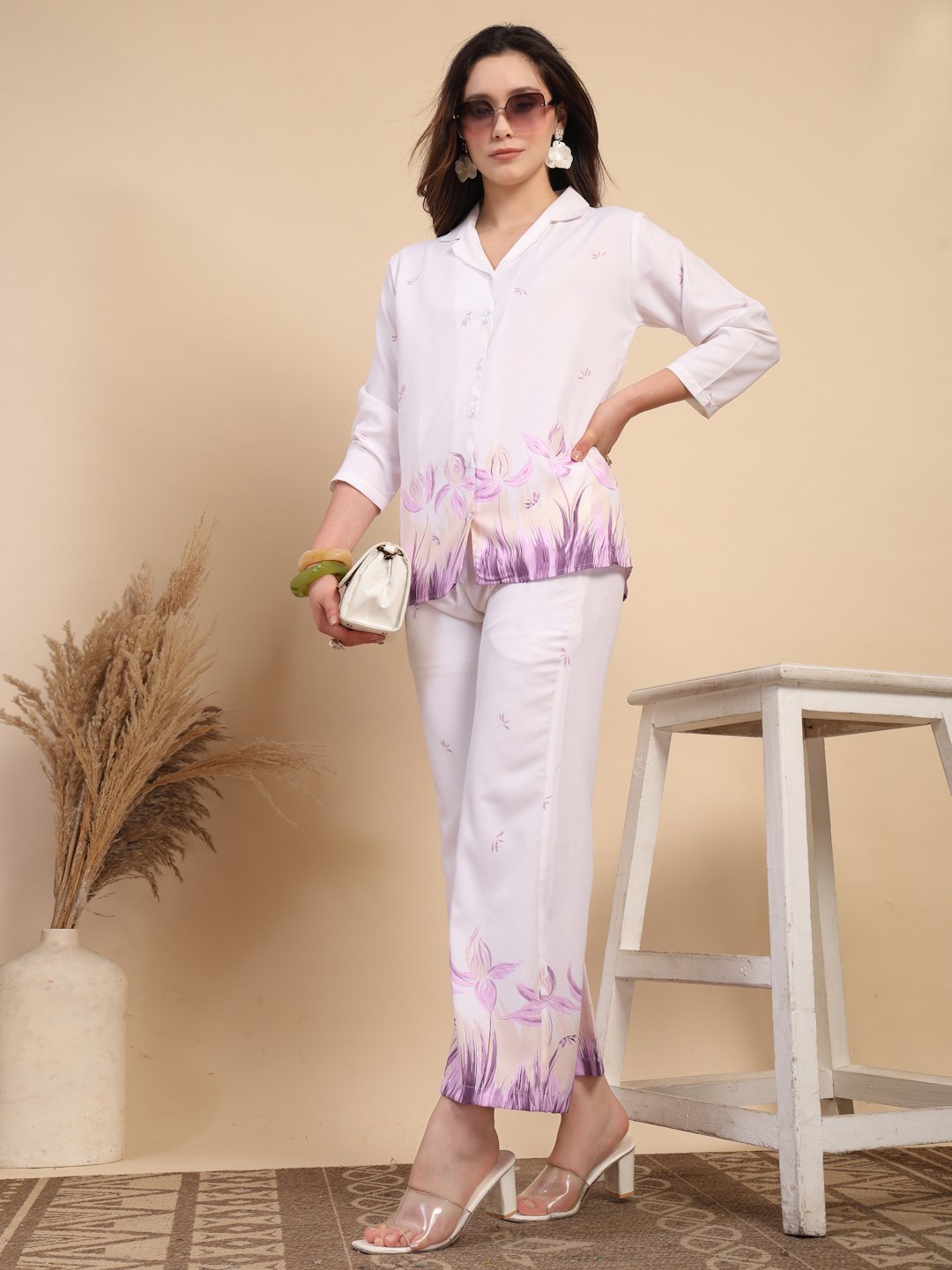 White Cotton Printed Shirt With Trousers Co-Ords Set