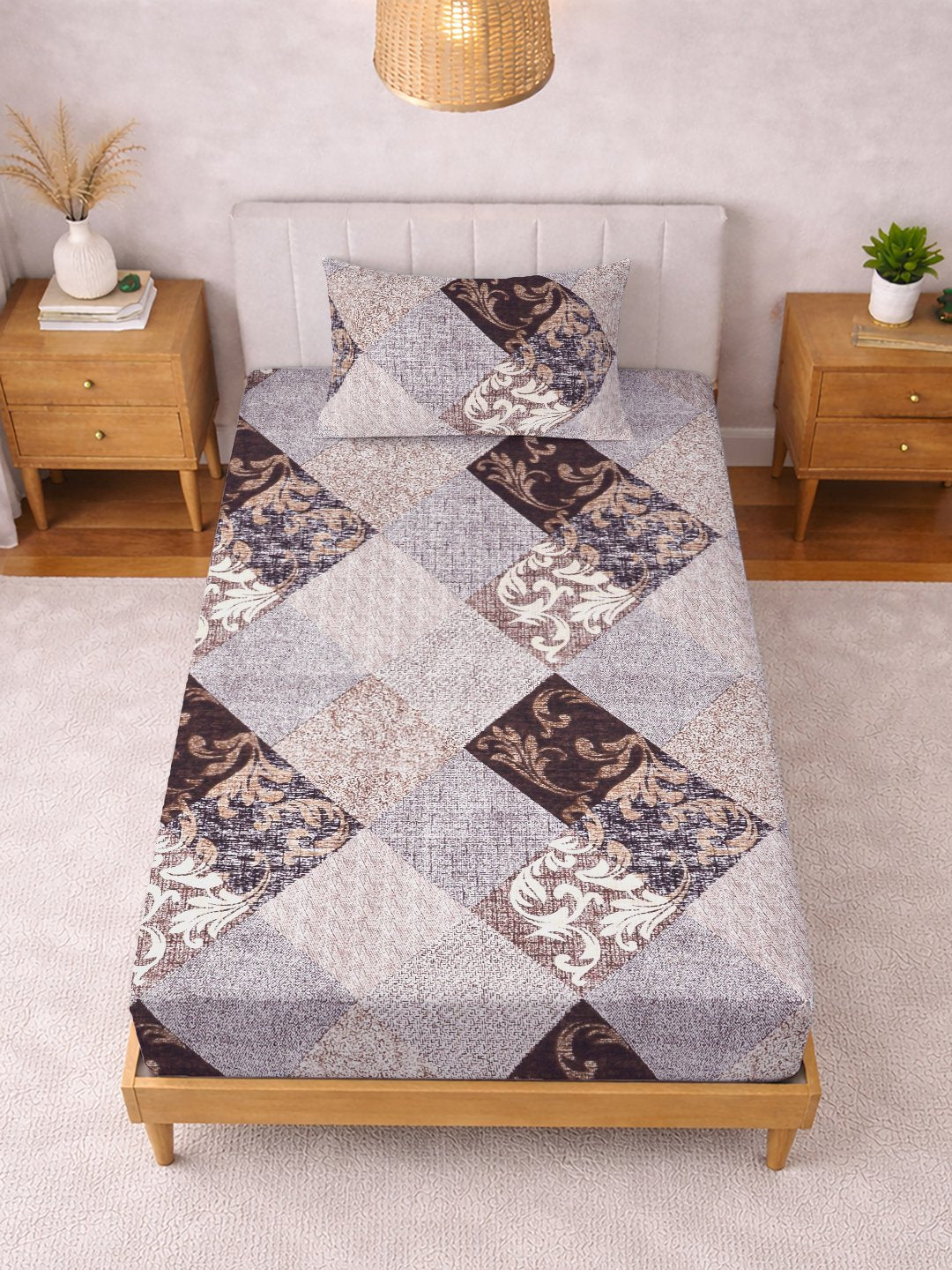 Brown Geometric Cotton Blend Single Bedsheet with Pillow Cover