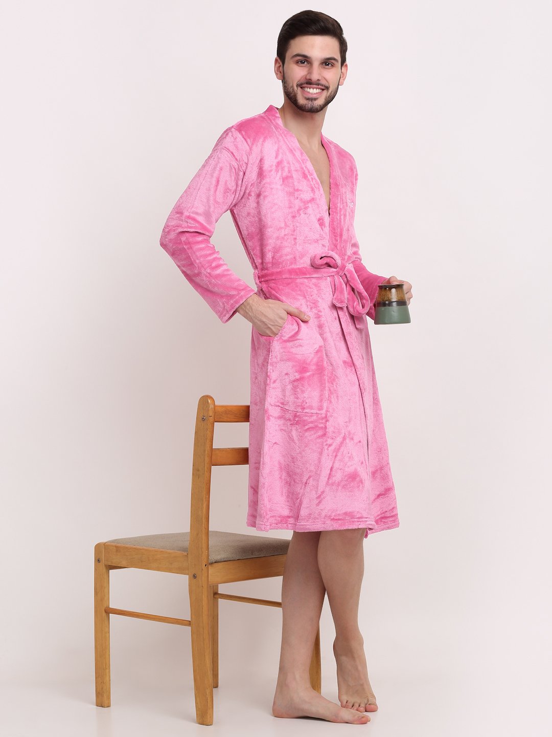 Men LightPink Solid Wool Bath Robe With Belt