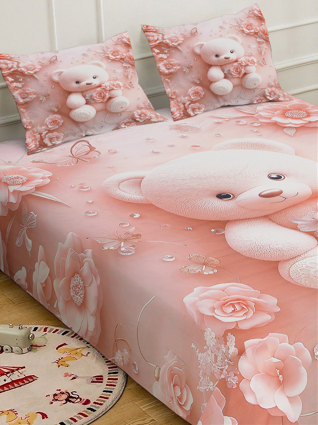 Pink 7D Cartoon Characters Printed Fitted Cotton Blend Double Bedsheet with 2 Pillow Covers