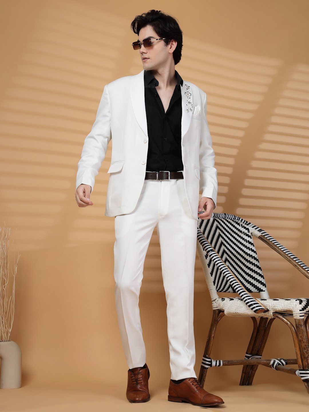 White Solid Embroidery Single-Breasted Two-Piece Party Suit