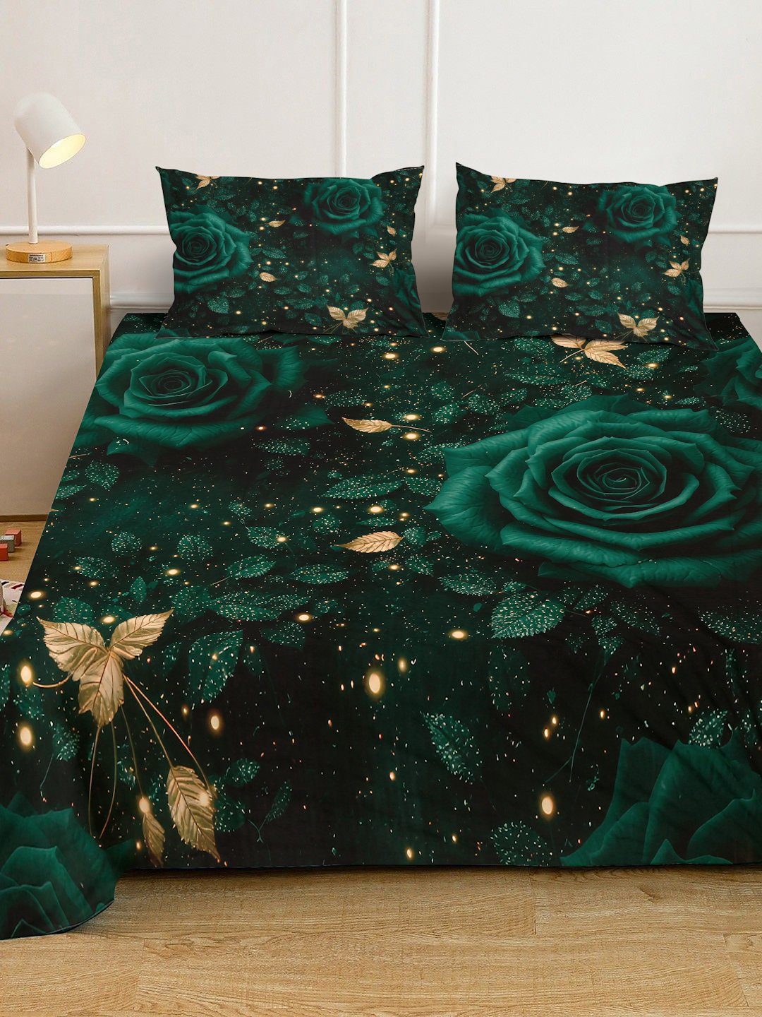 Green Digital Floral Printed Cotton Blend Double Bedsheet with 2 Pillow Covers