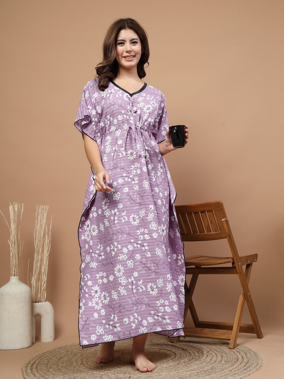 Pink Floral Cotton Blend Kaftan Maxi Nightdress