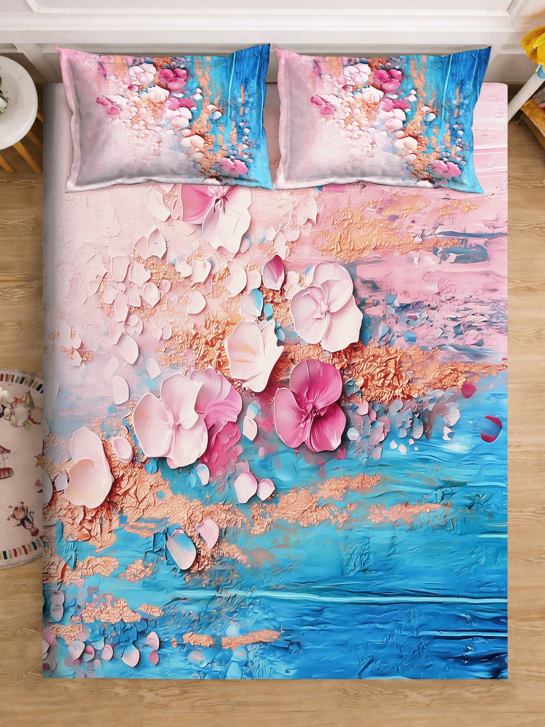 Blue Digital Floral Printed Cotton Blend Fitted Double Bedsheet with 2 Pillow Covers