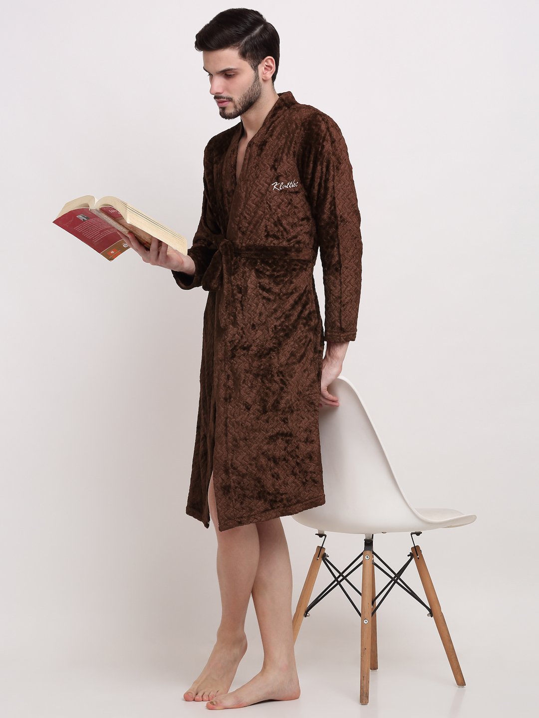 Men DarkBrown Self Design Wool Bath Robe With Belt