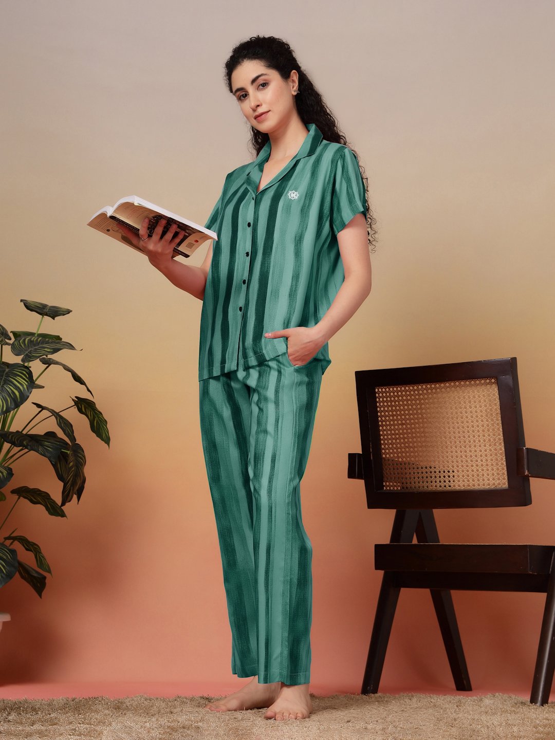 Women Green Striped Pure Cotton Night Suit