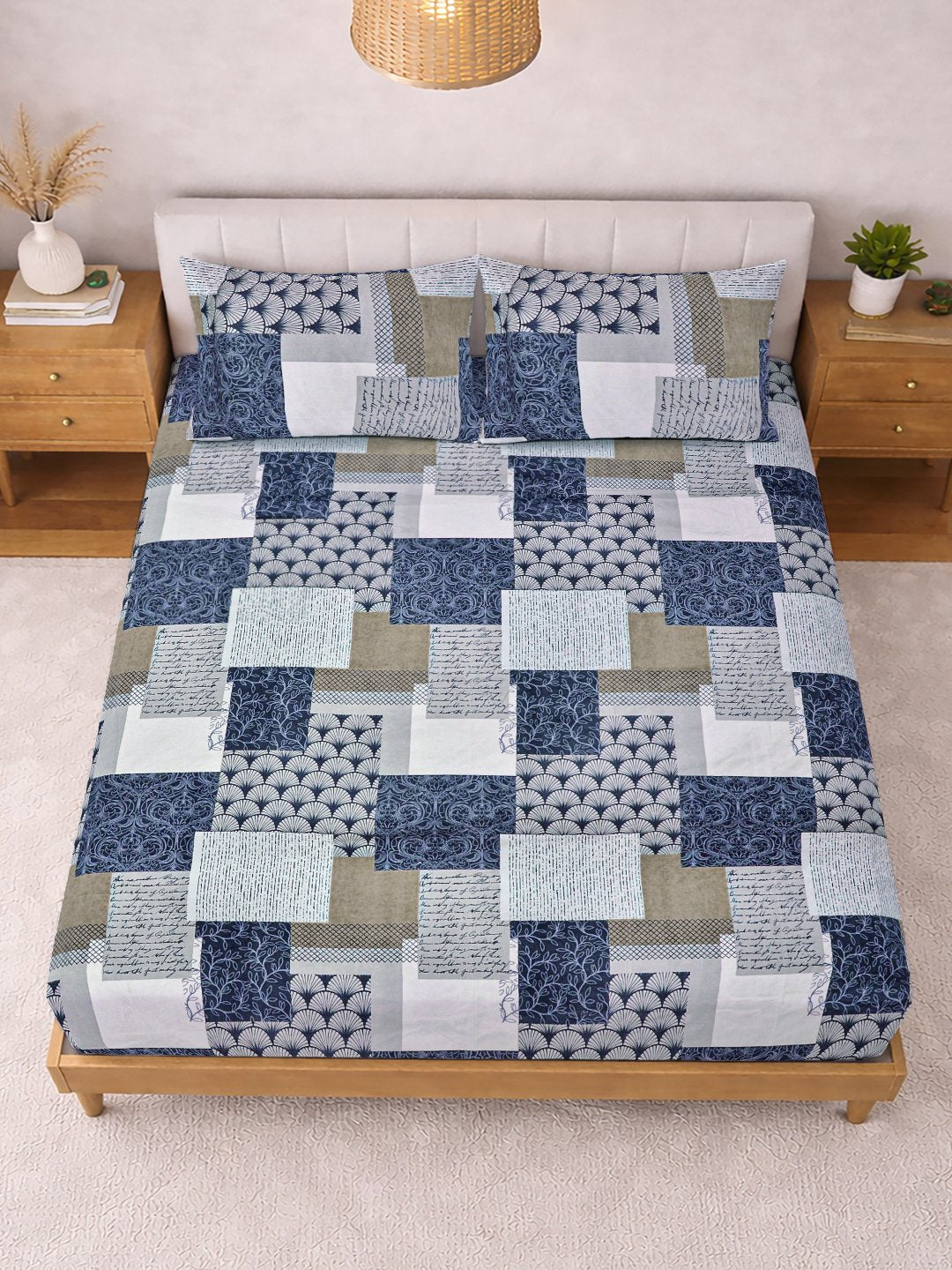 Multi Geometric Cotton Blend Double Bedsheet with 2 Pillow Covers