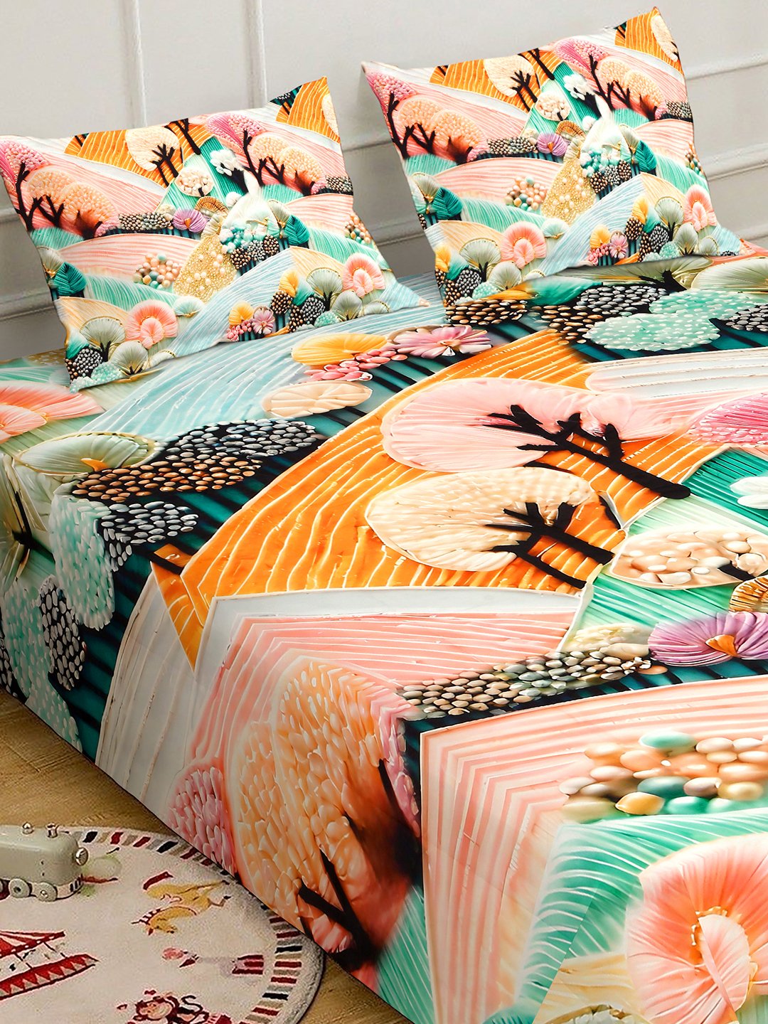 Multi 7D Floral Printed Fitted Cotton Blend Double Bedsheet with 2 Pillow Covers