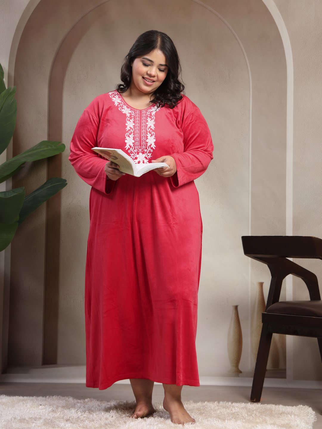 Klotthe Red Solid Soft touch Velvet Maxi Nightdress