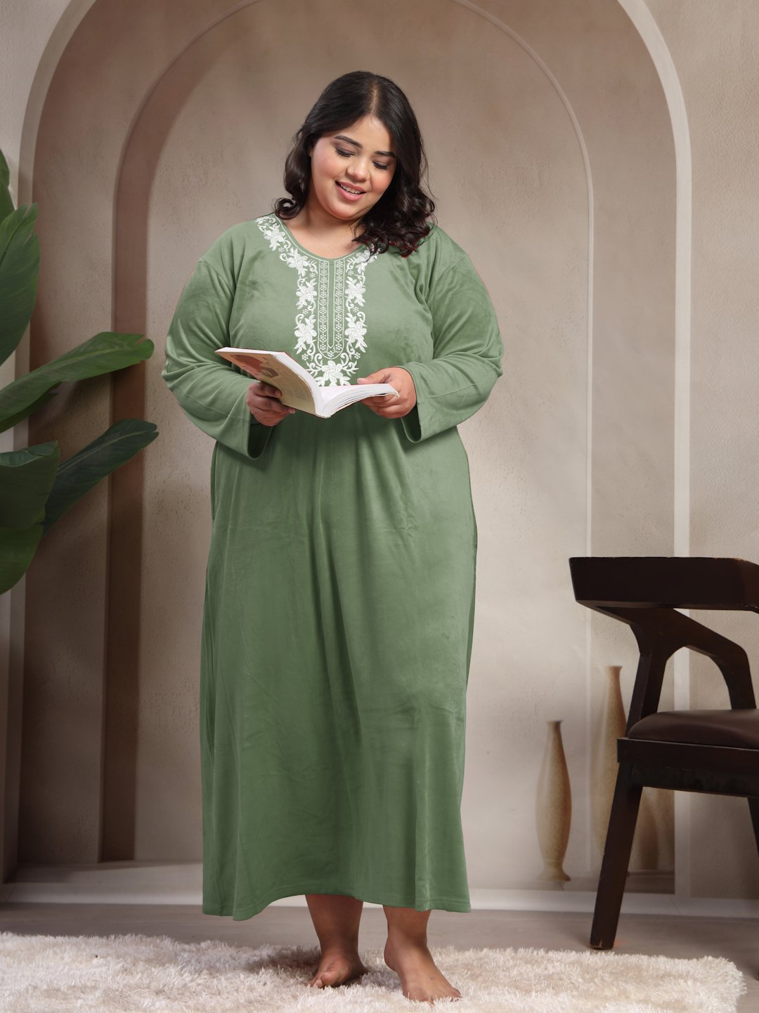 Klotthe Olive Solid Soft touch Velvet Maxi Nightdress