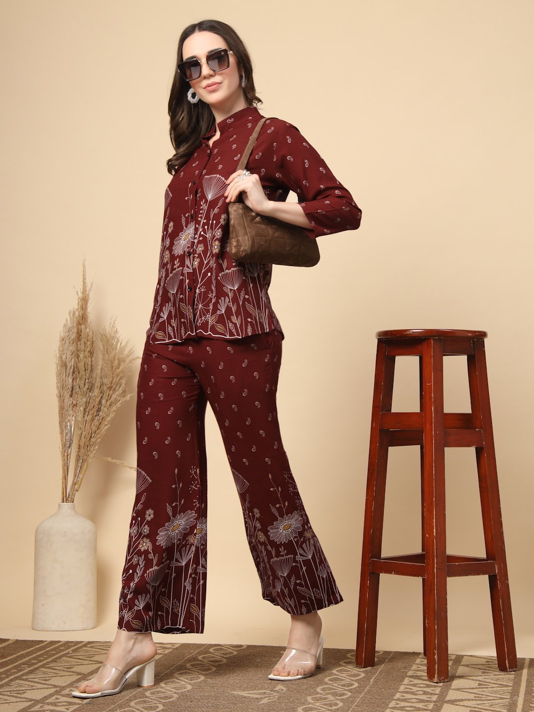 Maroon Cotton Printed Shirt With Trousers Co-Ords Set