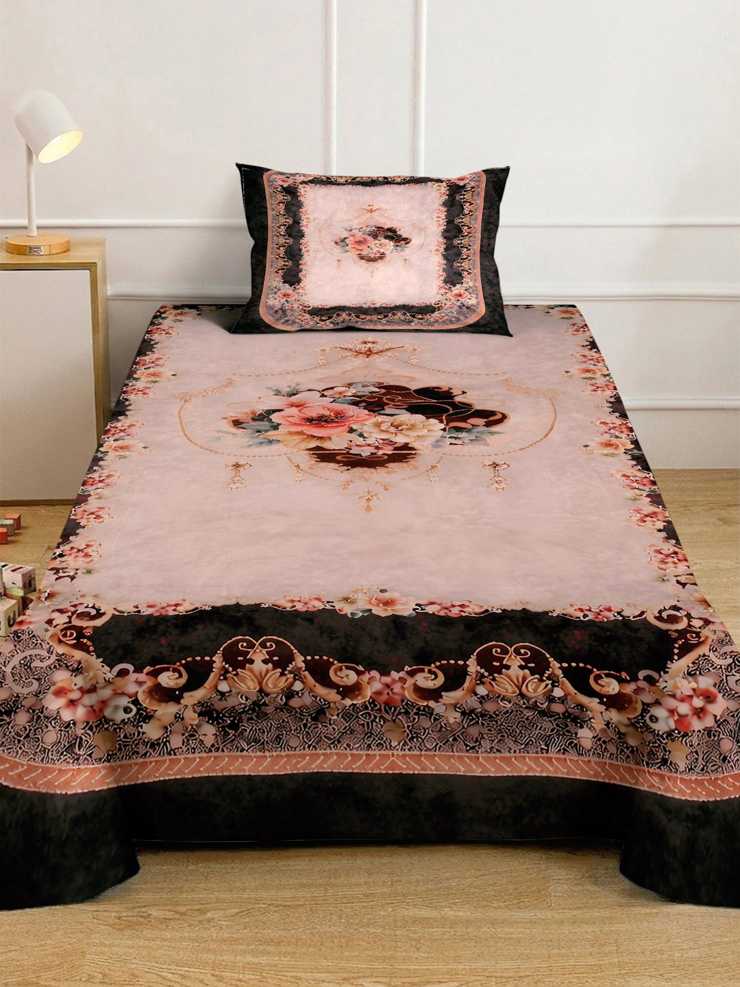 Multi Digital Floral Printed Cotton Blend Fitted Single Bedsheet with Pillow Cover