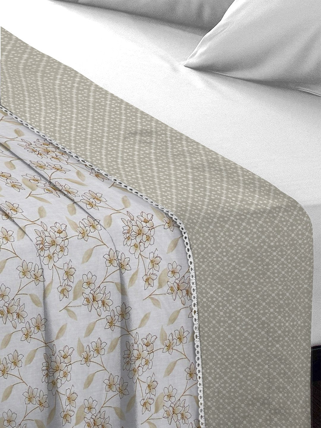 Beige Pure Cotton Floral Double Bed Dohar