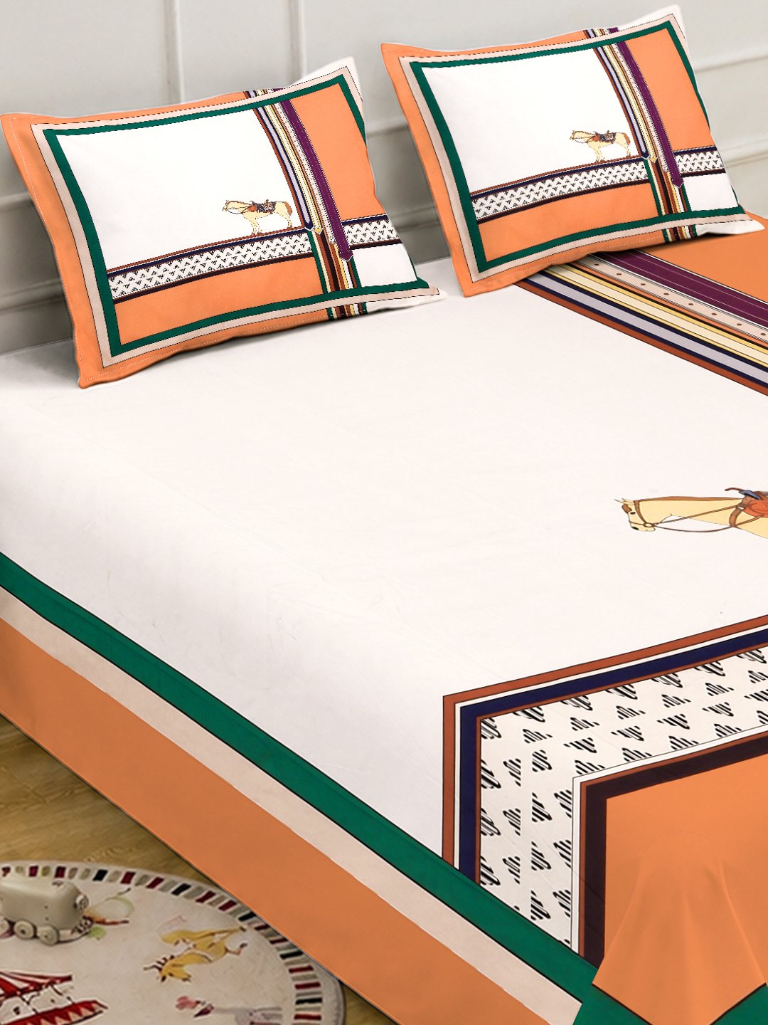 Digital Orange Geometric Cotton Blend Double Bedsheet with 2 Pillow Covers