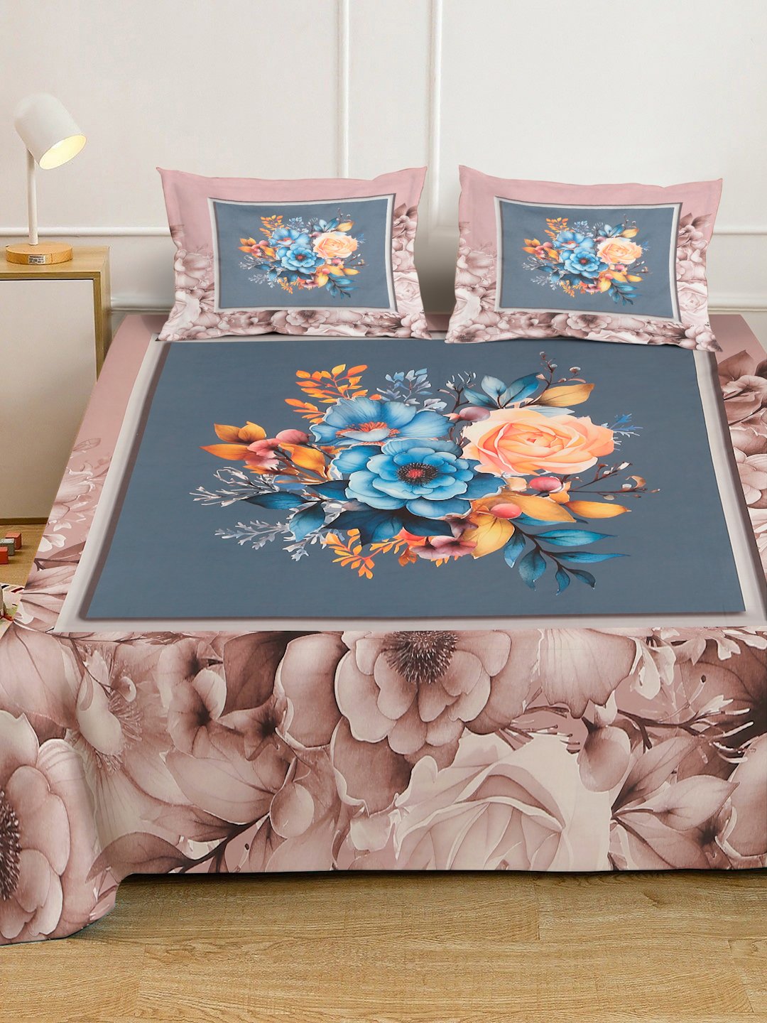 Brown Digital Floral Printed Cotton Blend Fitted Double Bedsheet with 2 Pillow Covers
