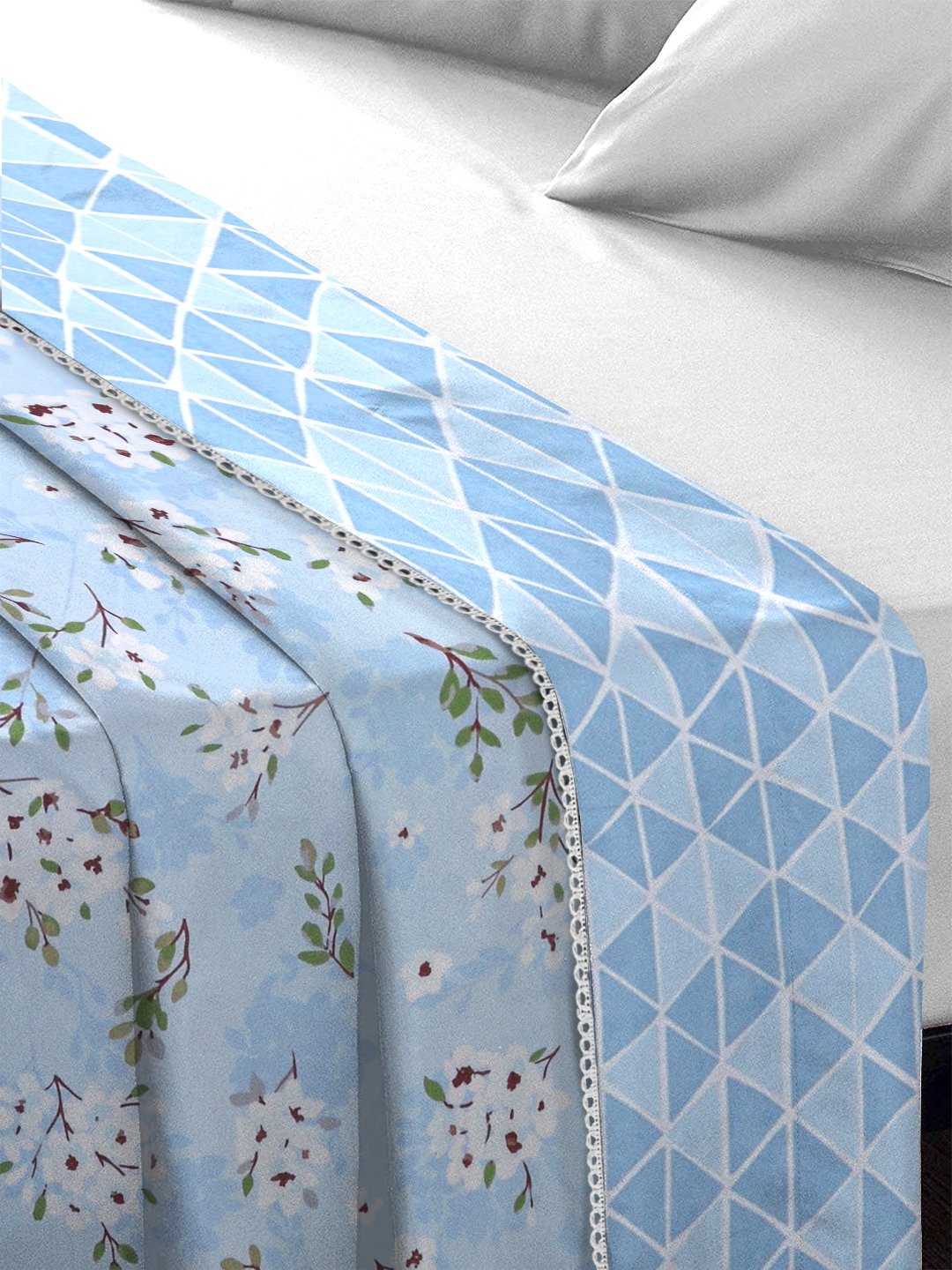 Blue Cotton Blend Floral Double Bed Dohar