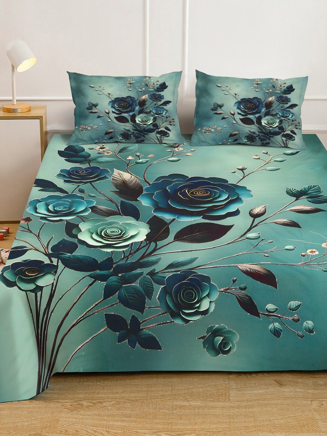 Green Digital Floral Printed Cotton Blend Double Bedsheet with 2 Pillow Covers