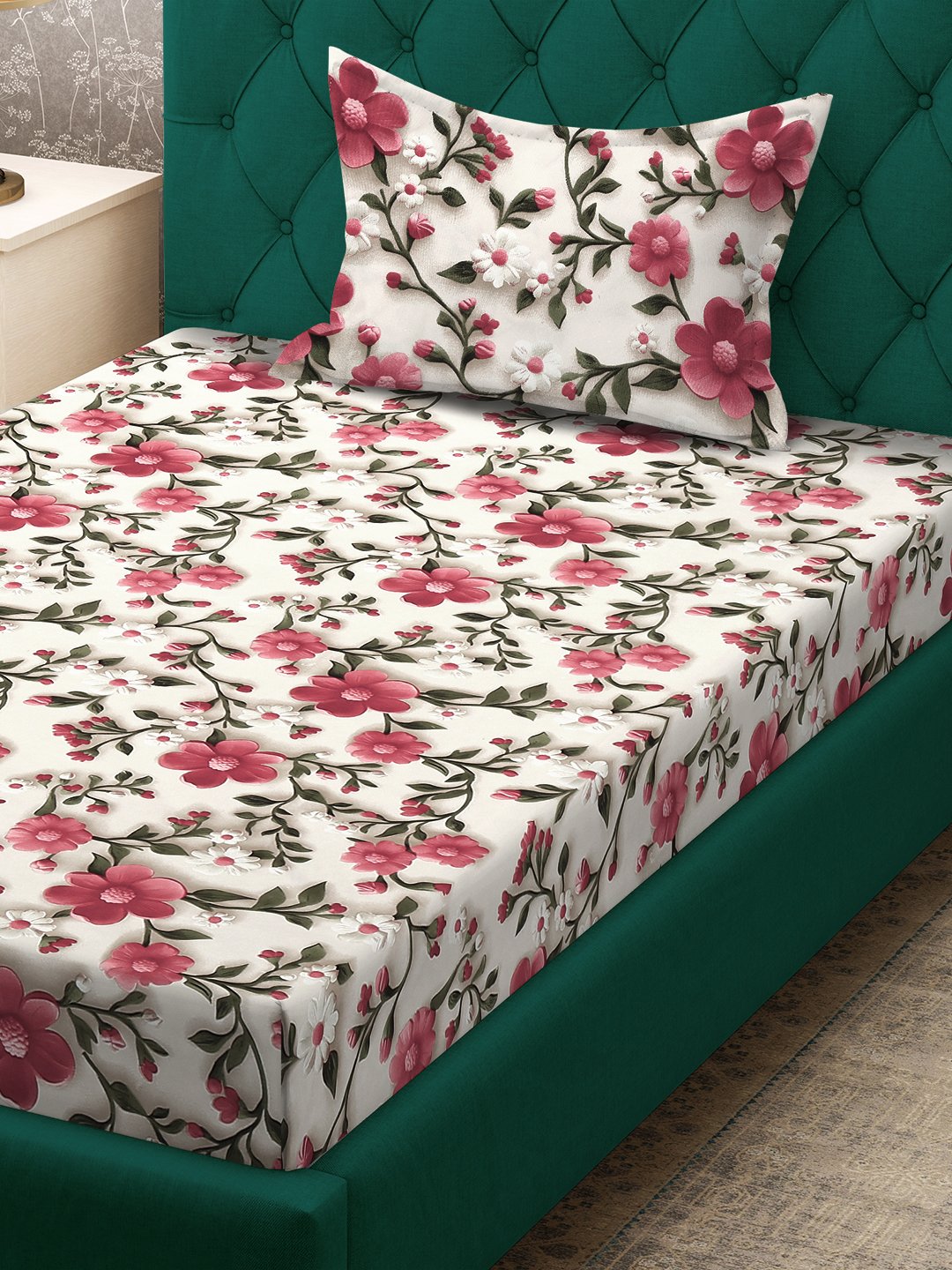 Cream Floral 7D Cotton Blend Fitted Single Bedsheet with Pillow Cover
