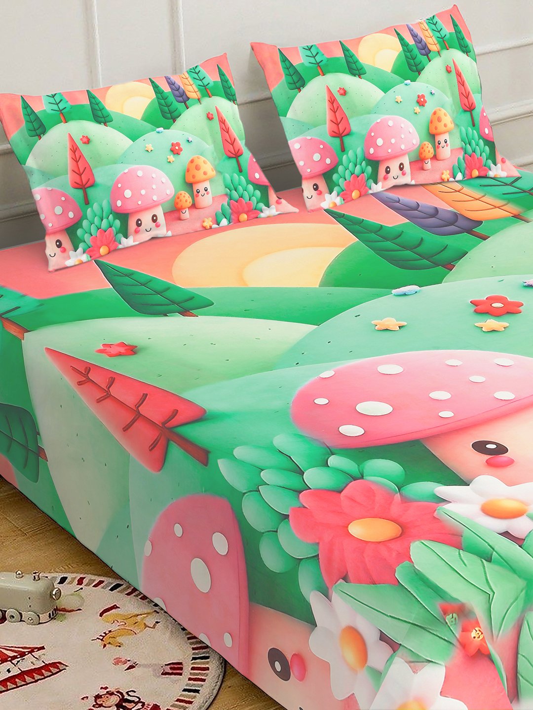 Green 7D Cartoon Characters Printed Fitted Cotton Blend Double Bedsheet with 2 Pillow Covers