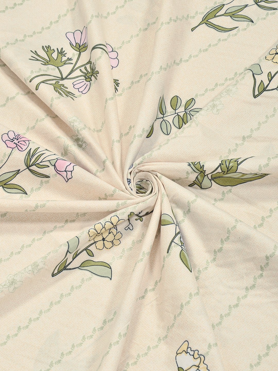 Cream Floral 300 TC Cotton Blend Fitted Single Bedsheet with Pillow Cover