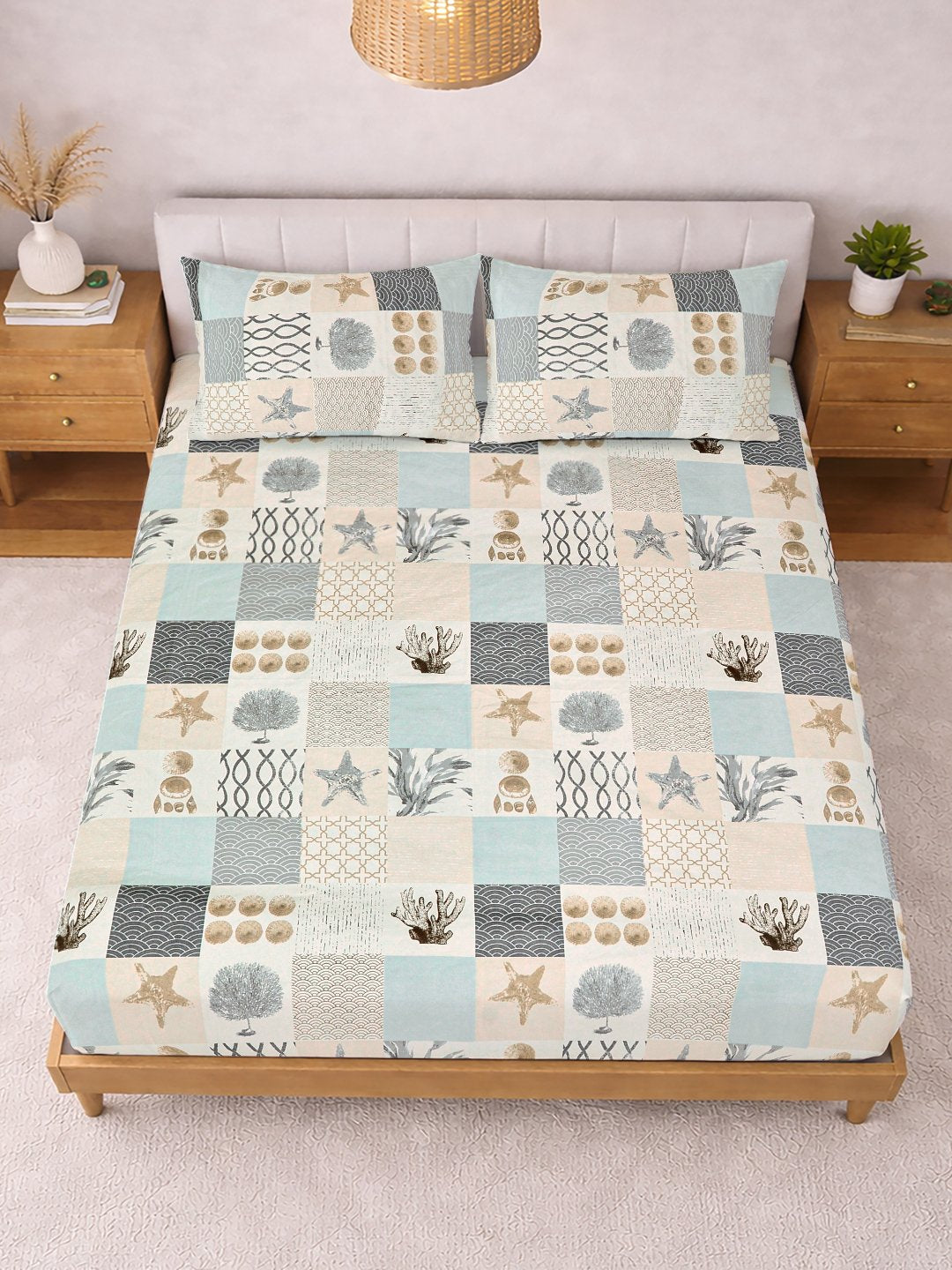 Multi Geometric Cotton Blend Fitted Double Bedsheet with 2 Pillow Covers
