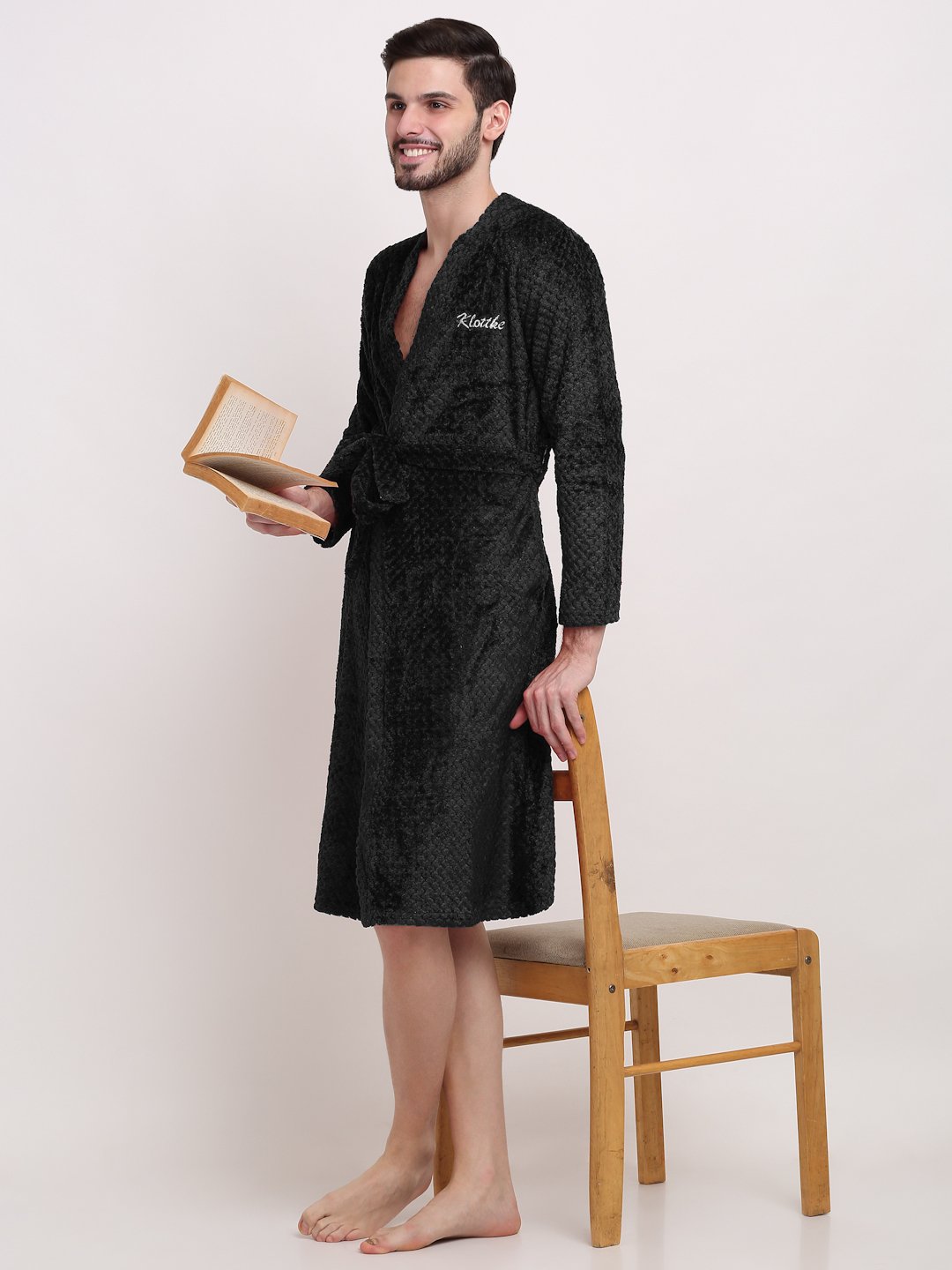Men Black Self Design Wool Bath Robe With Belt