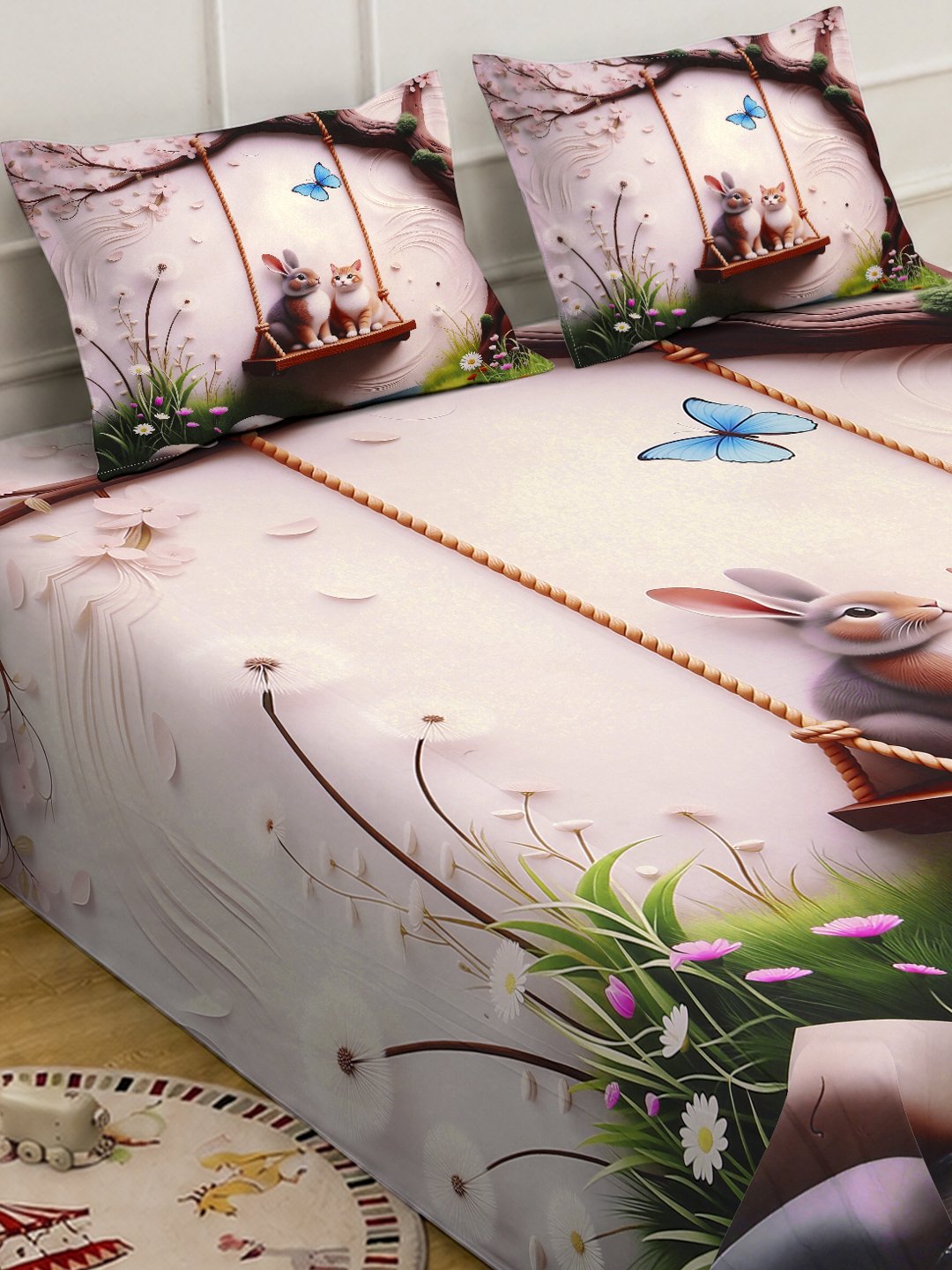 Digital Multi Animal Cotton Blend Fitted Double Bedsheet with 2 Pillow Covers