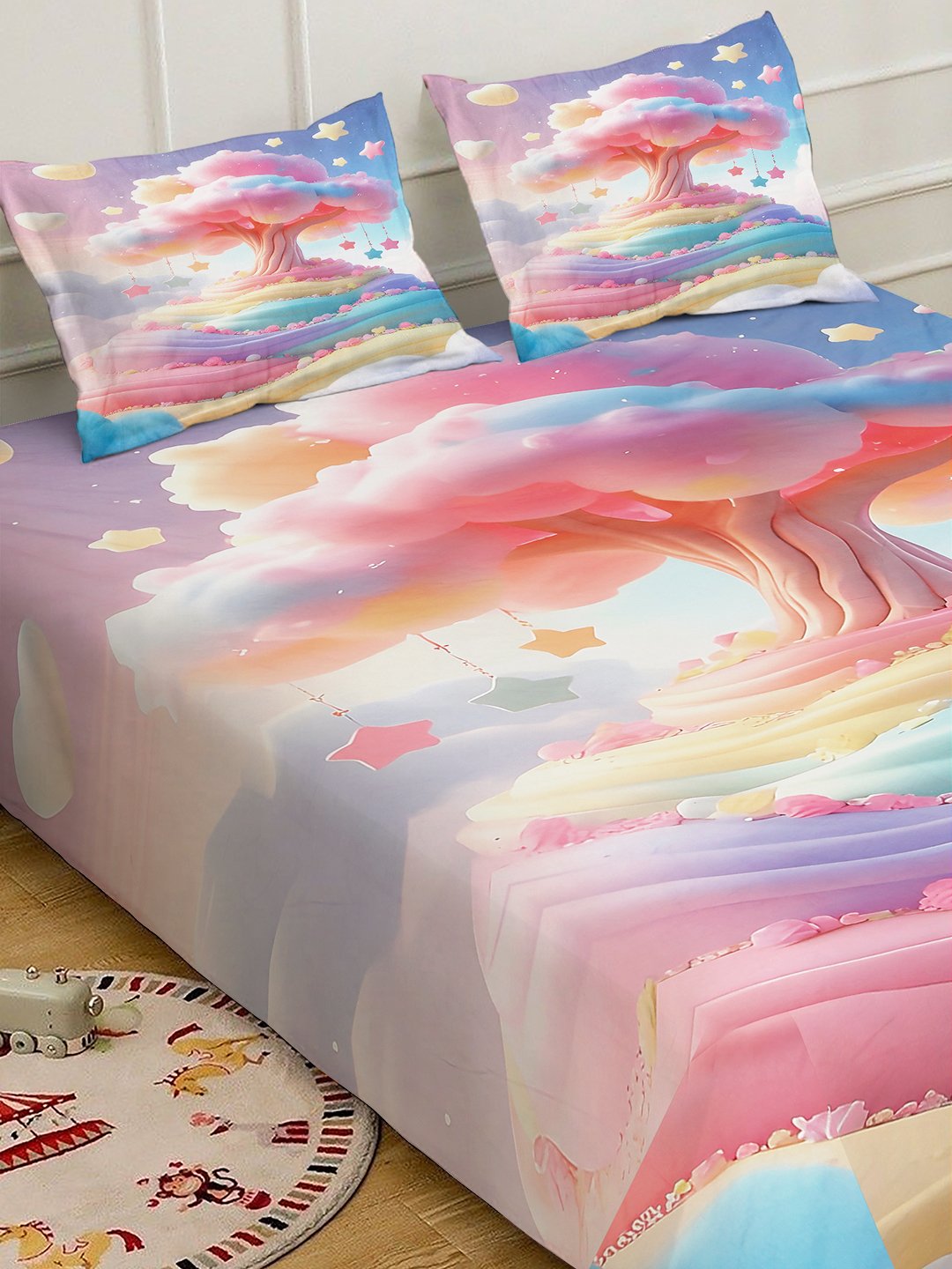Multi 7D Floral Printed Fitted Cotton Blend Double Bedsheet with 2 Pillow Covers