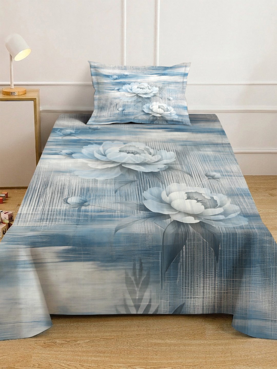 Blue Digital Floral Printed Cotton Blend Fitted Single Bedsheet with Pillow Cover