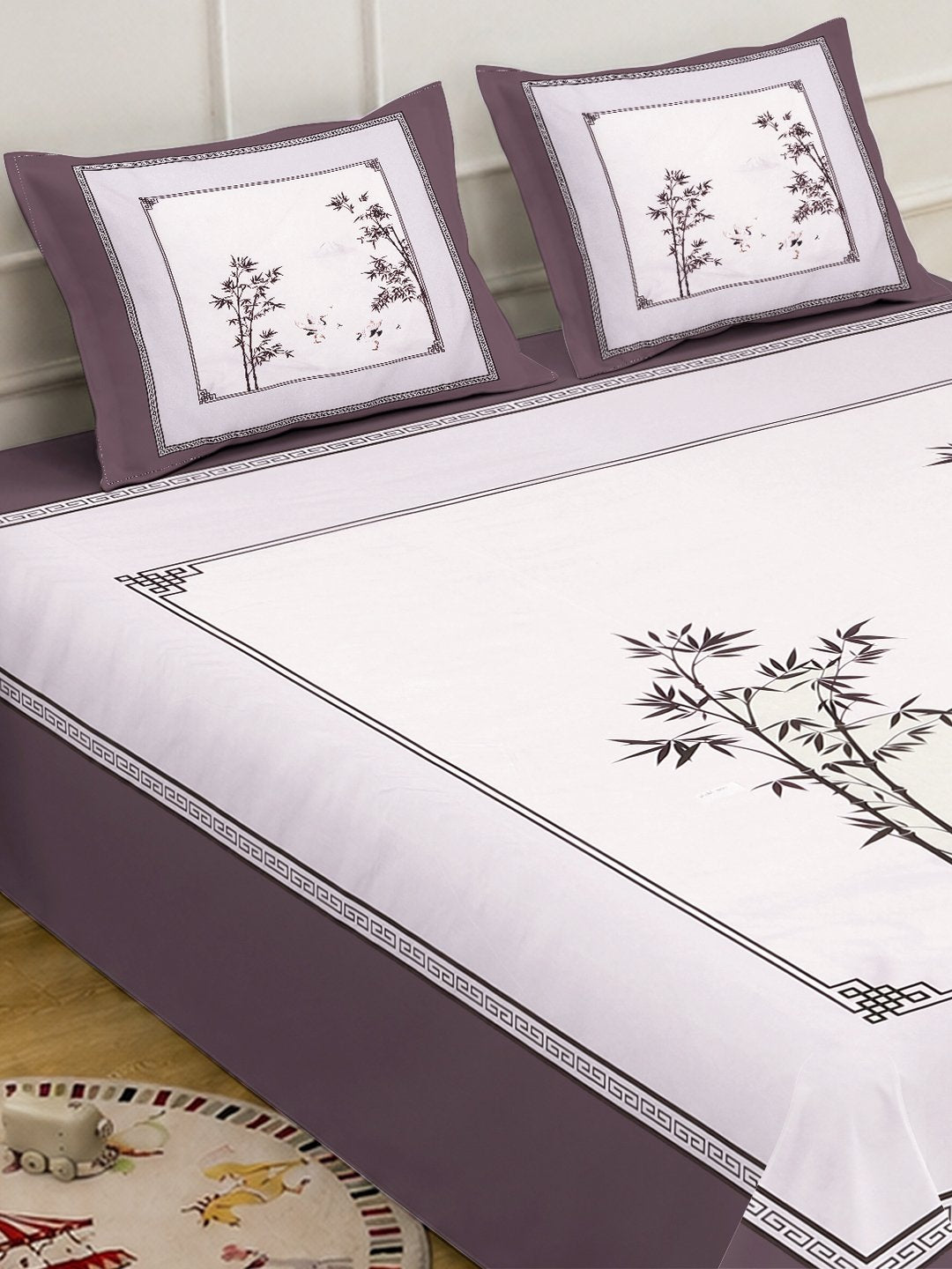 Digital White Floral Cotton Blend Fitted Double Bedsheet with 2 Pillow Covers
