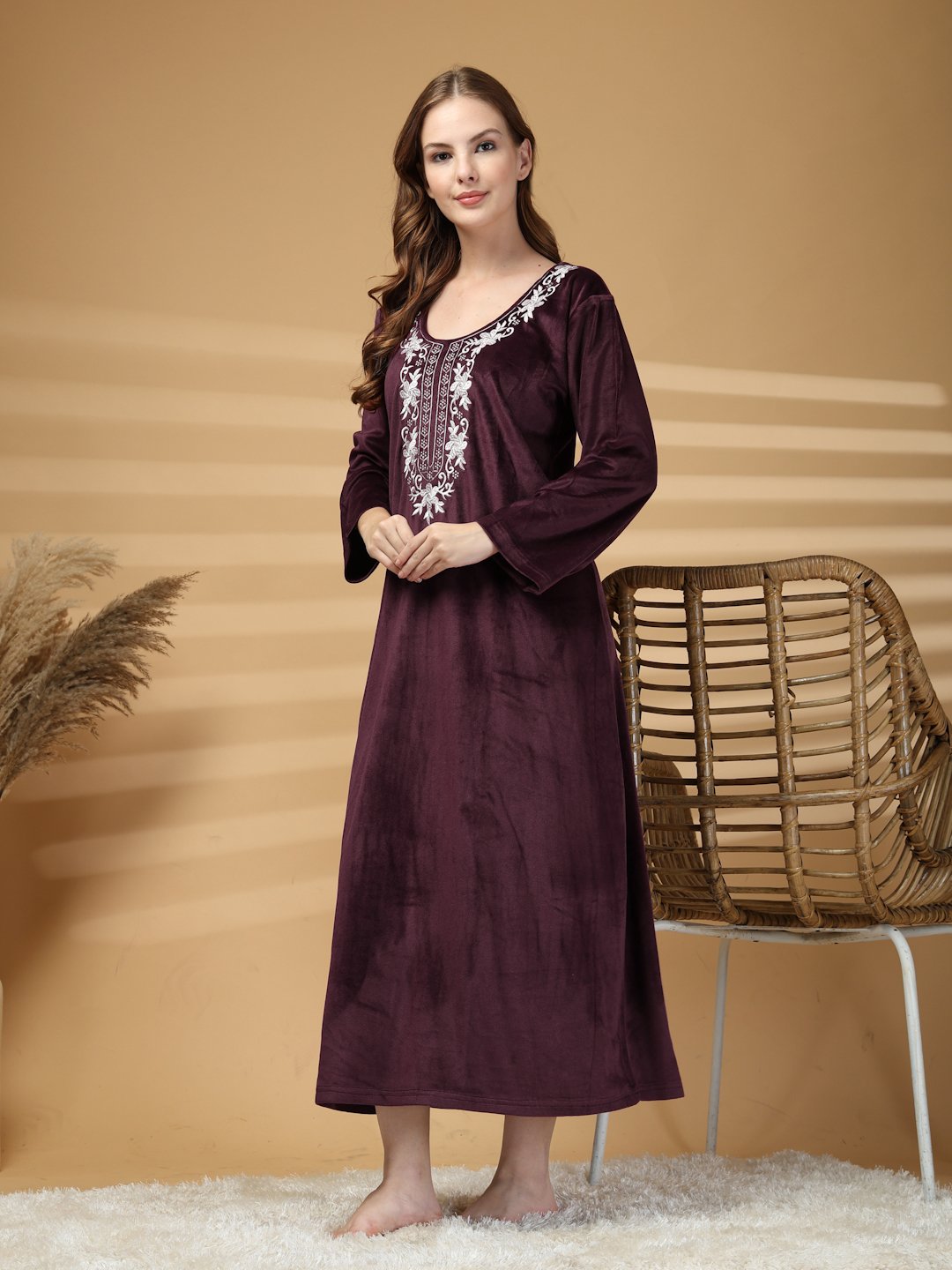 Klotthe Wine Solid Soft touch Velvet Maxi Nightdress
