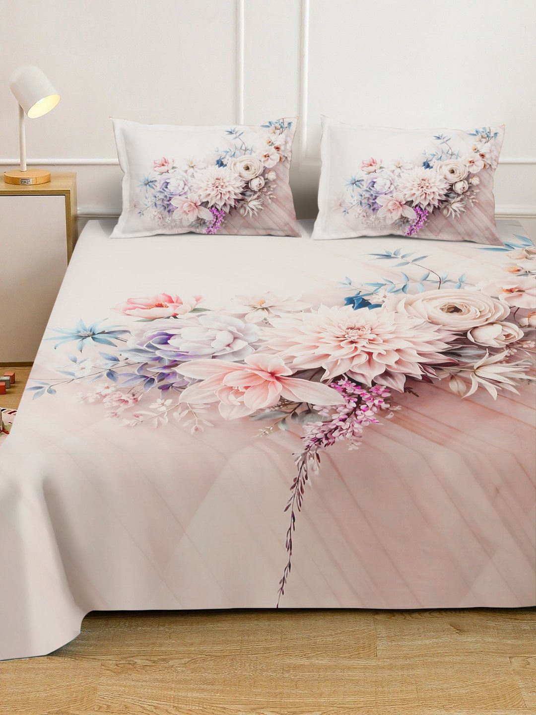 Multi Digital Floral Printed Cotton Blend Fitted Double Bedsheet with 2 Pillow Covers