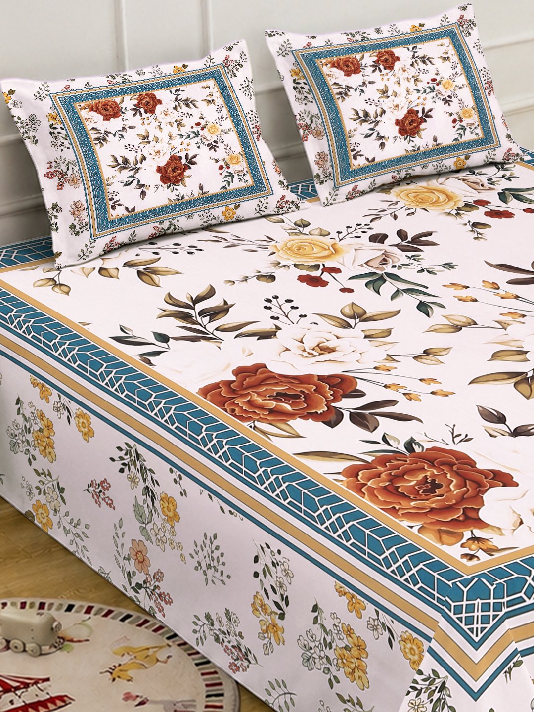 Digital Multi Floral Cotton Blend Fitted Double Bedsheet with 2 Pillow Covers