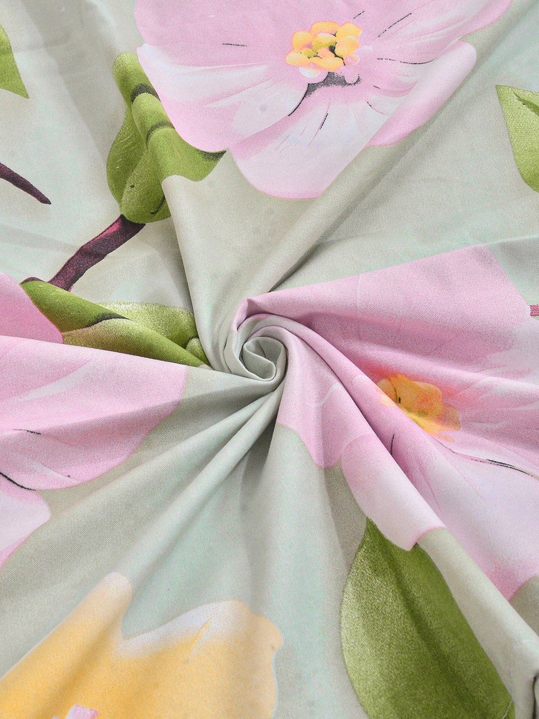 Green Floral 7D King Size Cotton Blend Fitted Double Bedsheet with 2 Pillow Covers