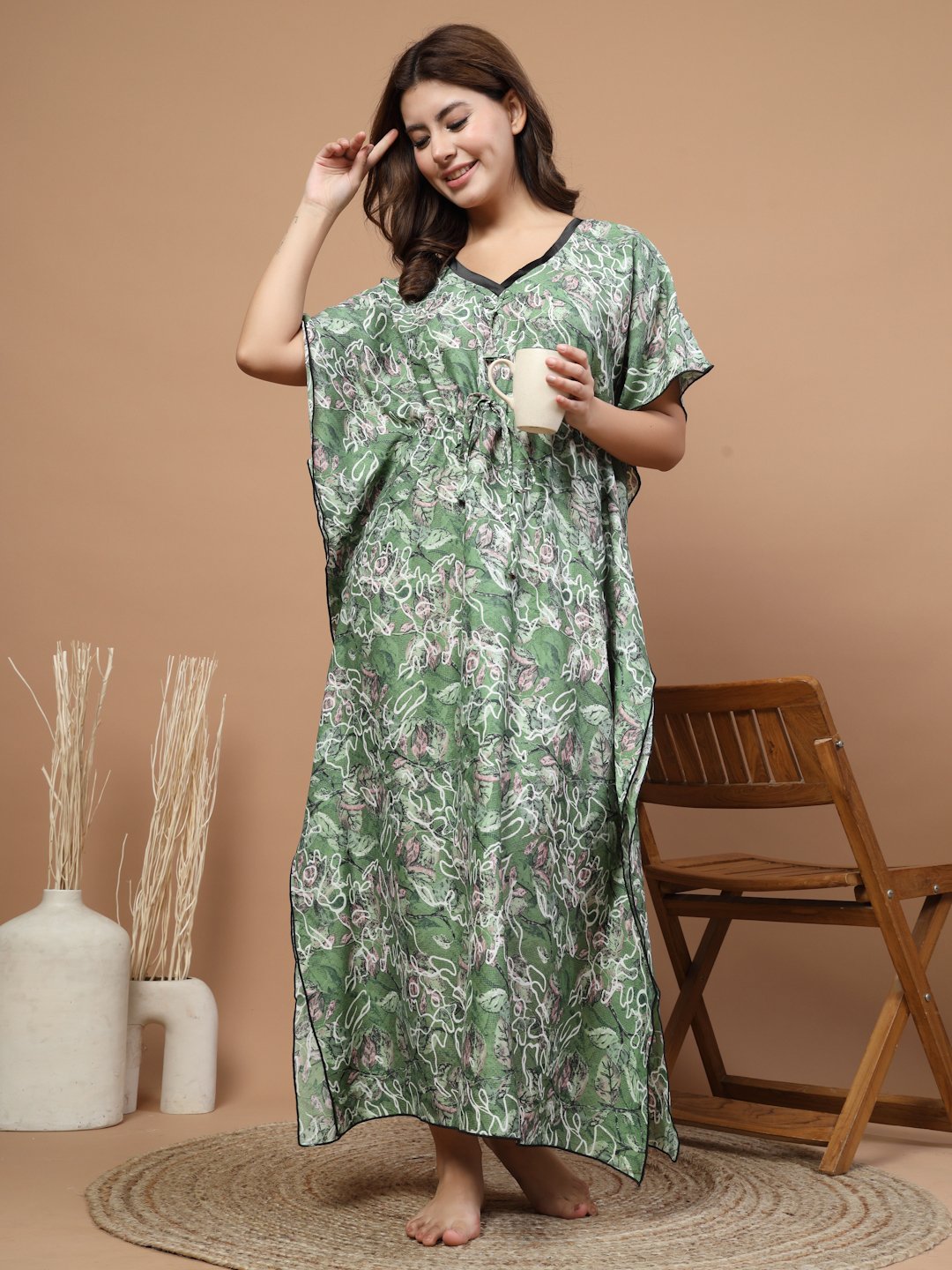 Green Floral Cotton Blend Kaftan Maxi Nightdress